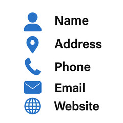 Business card and website icon set. Contact information blue icons containing name, location, phone, email and web address symbol