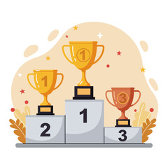 Winners podium with cups. Pedestal with awards for people who took first, second and third place in competition. Prizes for champions. Gold, silver and bronze trophy. Cartoon flat vector illustration