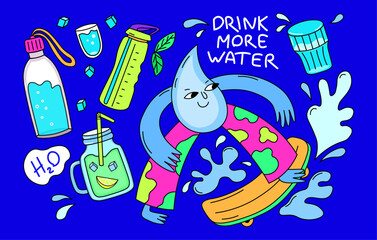 Hand drawn illustration of fancy cartoon character and different water containers. Vector illustration of healthy lifestyle concept. Drink more water poster 