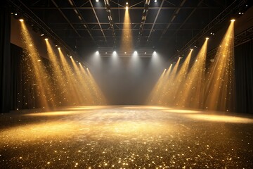 Golden Glitter Falling on Dark Stage with Light Beams