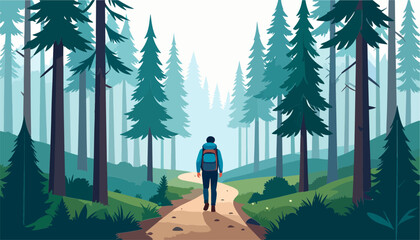 A figure hikes along a dirt path through a dense forest trees lining the way
