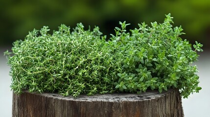 Fototapeta premium Fresh Thyme Herbs on Rustic Tree Stump