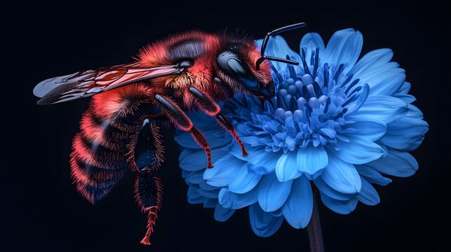 Red Bee on Blue Flower Macro Photography - Powered by Adobe