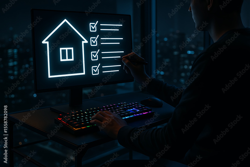 Poster digital property inspection checklist on neon glowing monitor in dark room with urban city view and 