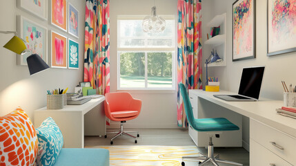A creative home office with a bright desk, laptop, ergonomic chair, and pops of color in the decor to inspire productivity. —ar 16:9 