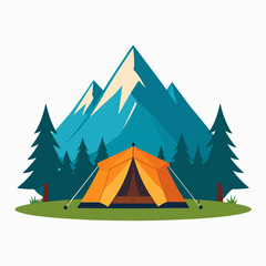 A camping scene shows a tent amid pine trees set against a backdrop of snowcapped mountains all on a patch of green grass