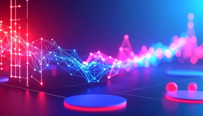 A vibrant 3D render depicts an abstract data network with interconnected nodes and lines, bathed in intense pink and blue neon lighting. Foreground elements include glowing circular platforms, adding