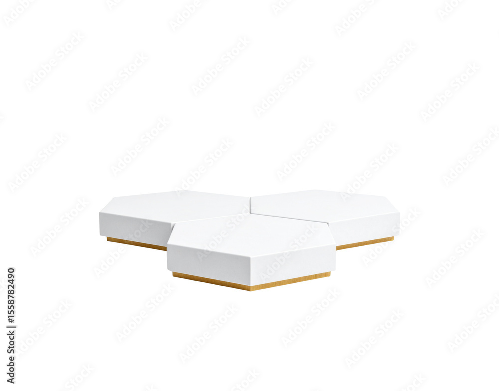 Poster modern white hexagonal platform display with golden base accent.