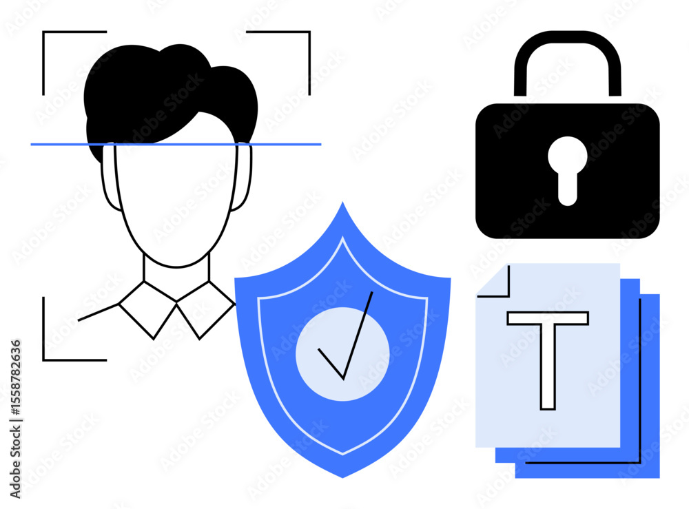 Poster facial recognition scan, shield with checkmark, lock, and documents. ideal for cybersecurity, data p