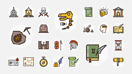 Icon set with colorful outline style about history, ancient maps, fossils, scripts, monuments, and medieval warfare. Perfect for learning materials.
