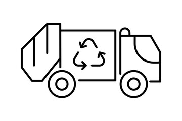 Garbage truck line icon. Waste disposal vehicle. Recycling Truck. Environmental protection. Sustainability, waste collection and transportation. Landfill eco-friendly services. Vector illustration. 