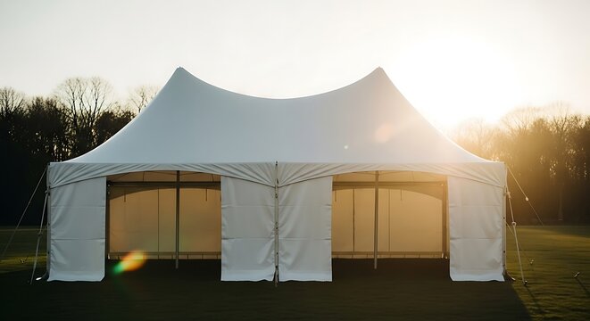 Elegant white event tent in a sunlit field for outdoor celebrations and gatherings