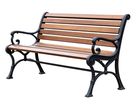 Classic wooden park bench with metal frame for outdoor seating isolated on transparent background.