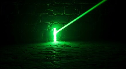 Intense Green Laser Beam Cutting Through Darkness Against Brick Wall Background