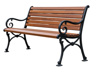 Classic wooden park bench with metal frame for outdoor seating isolated on transparent background.