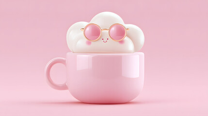 Cute Cloud with Sunglasses Floating in Coffee &ndash; Surreal Minimal Pastel Art
