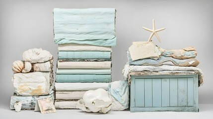 Coastal Stacked Papers Seashells Starfish Art