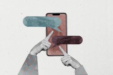 Collage of colorful speech bubbles symbolizing digital chatting modern communication internet...
