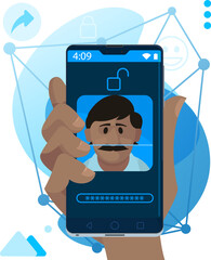 Facial recognition - Face unlock on smartphone with south asian man