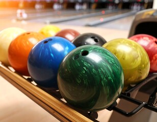 Colorful bowling balls on rack