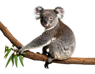 Obraz premium Cute koala clinging to a tree branch, isolated on a transparent background.