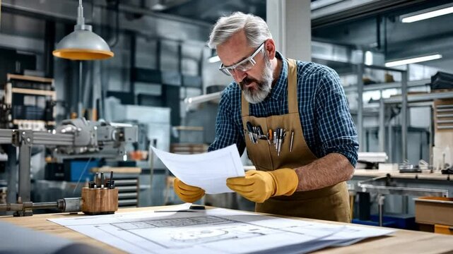 An experienced man meticulously examining blueprints in a workshop, deeply concentrated