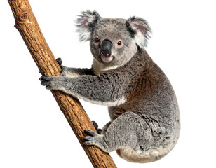 Obraz premium Cute koala clinging to a tree branch, isolated on a transparent background.