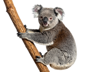Cute koala clinging to a tree branch, isolated on a transparent background.
