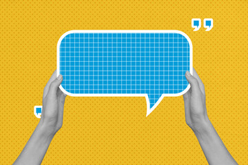Banner full 3d image art collage of arm hold bubble communication icon speech conversation talk...