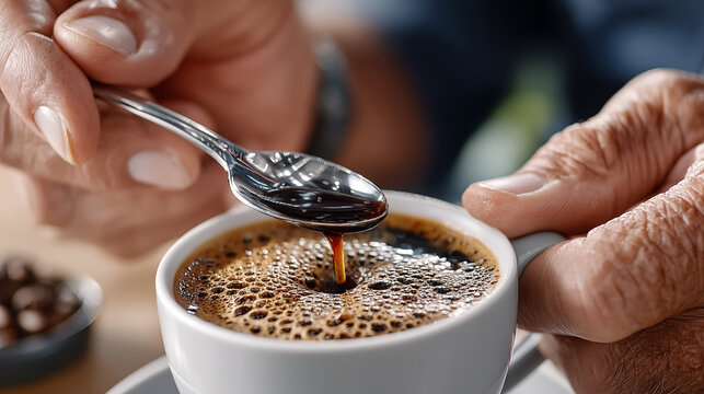 Close up of hands of senior man pouring coffee from spoon into cup