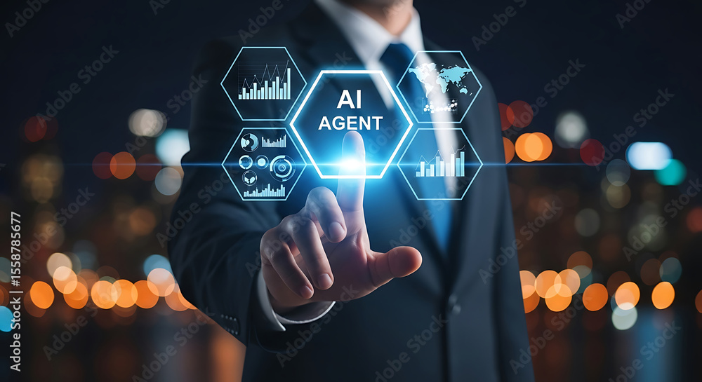 Poster businessman touching ai agent interface representing artificial intelligence and data analysis
