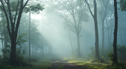 Obraz premium Misty Forest Path Sunbeams Through the Fog