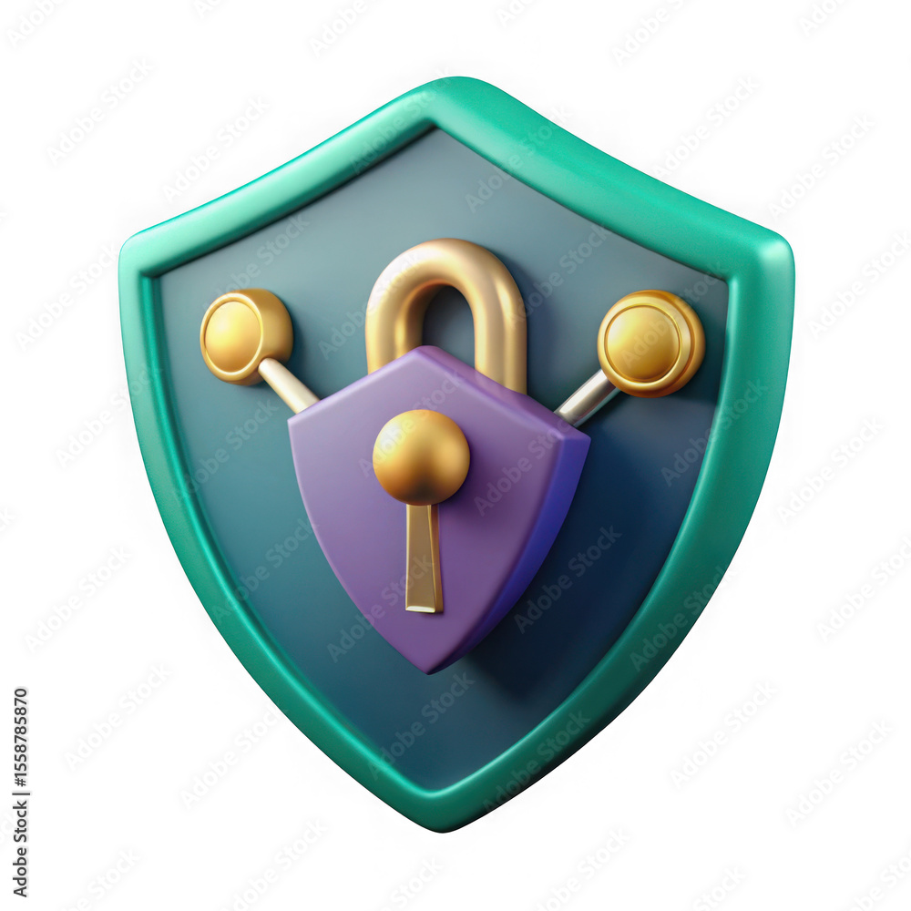 Poster 3d rendered security shield with lock and keyhole isolated on transparent background