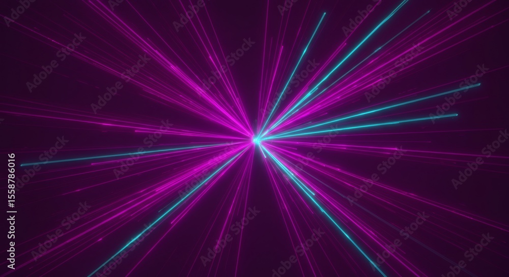 Poster neon burst cyan and magenta rays exploding on dark background.