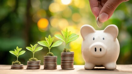 Stacks of coins with growing plants symbolize financial growth and saving, while a hand places a coin into a piggy bank.