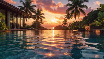 A luxurious tropical villa with an infinity pool overlooking the ocean at sunset.