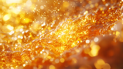 Naklejka premium Glimmering Amber Liquid Surface with Bokeh and Light Reflections