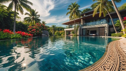 Stunning tropical villa with a luxurious pool and lush landscaping, perfect for relaxation.