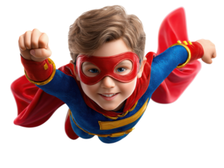 Superhero Kid Soaring: A cheerful young boy dressed as a vibrant superhero, eyes focused with determination, soars through the air, symbolizing limitless potential and fearless aspirations.