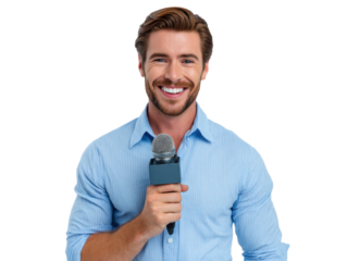 Smiling Reporter with Microphone