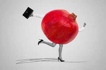 Image full poster art collage of anonym girl instead body pomegranate fruit carry briefcase legs...