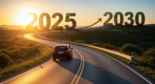 Driving towards the future car journey on scenic road from 2025 to 2030 at sunset