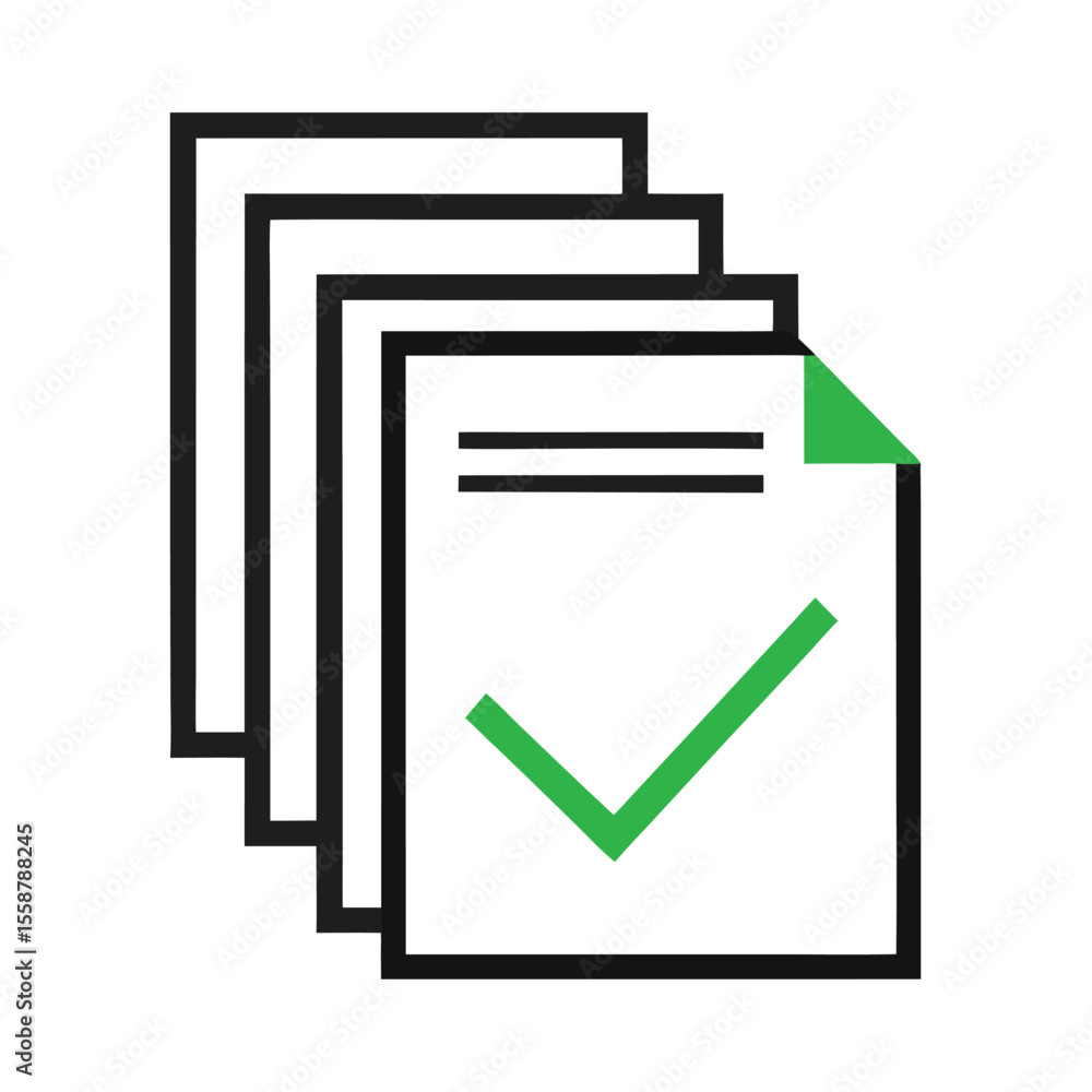 Poster stacked documents with green checkmark and lines paper