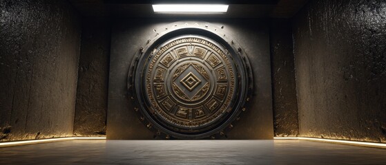 Vault door featuring intricate designs evokes the essence of cryptocurrency and blockchain technology in a mysterious environment