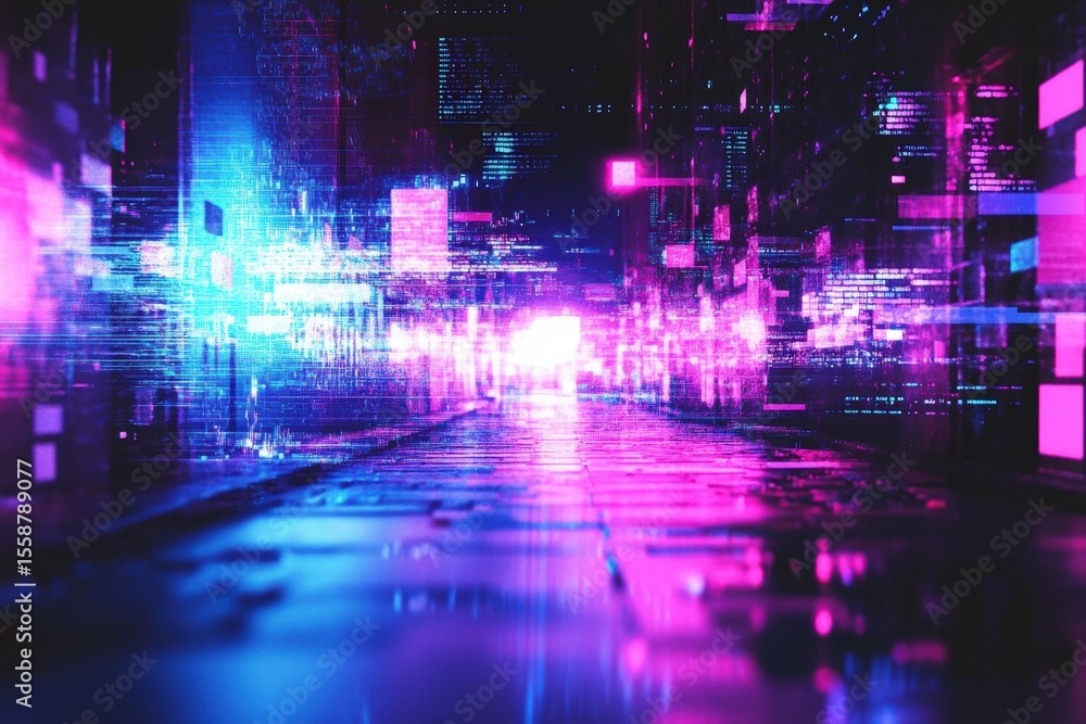 Poster a vibrant, futuristic digital cityscape glows in neon pink and blue, depicting a high-tech virtual e