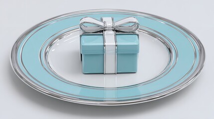 Turquoise gift box with white ribbon on plate elegant present celebration event special occasion design