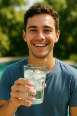 A cheerful young man smiles brightly while holding a refreshing glass of ice water outdoors by the pool