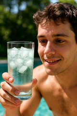 A smiling young man by the pool admires a cold glass of ice water on a sunny summer day