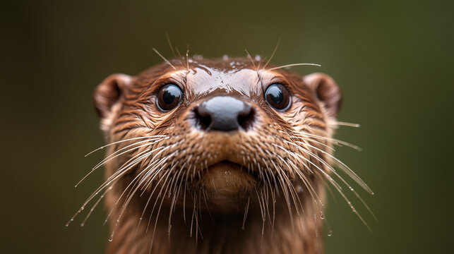 A close-up view of an otter face, whiskers and wet fur against a blurred background.
