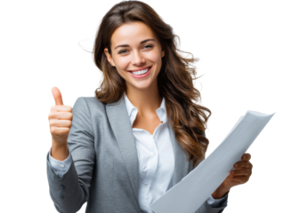 Confident professional woman: A radiant business woman in a professional attire, with an expression of confidence and success, holding documents and offering a thumbs up.